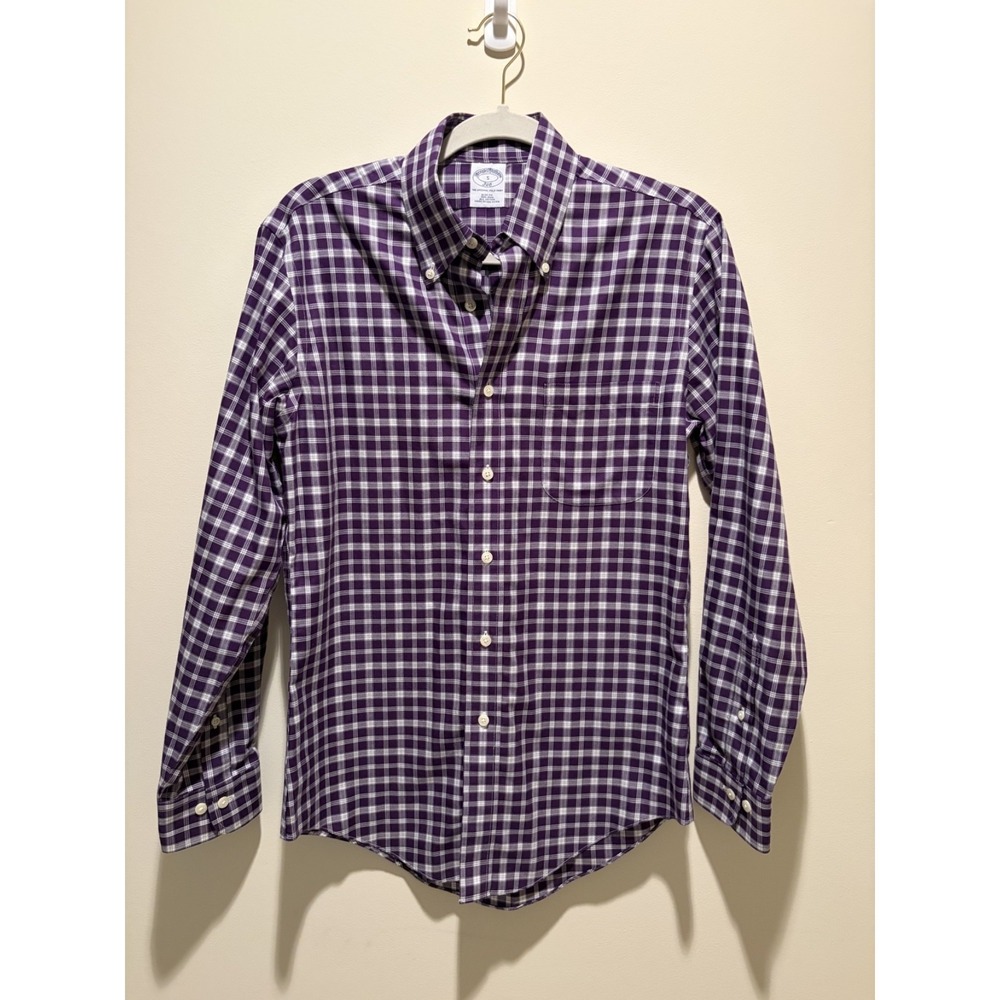 Brooks Brothers 346 ,Purple Plaid, Cotton, Small, Slim, Made in Malaysia